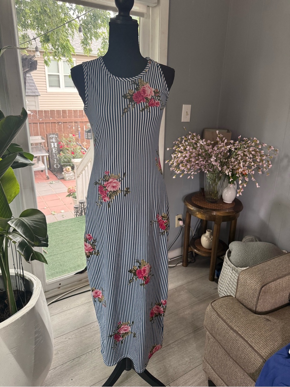 Striped Navy Maxi Dress with Pink Floral Accents